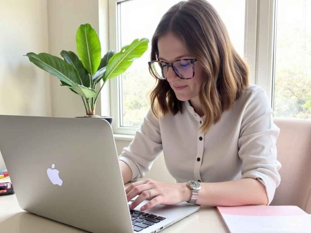 Dr Nicola Sutton, psychologist at Sutton Psychology - a woman with brown hair and glasses working at a desk with a green plant by a window