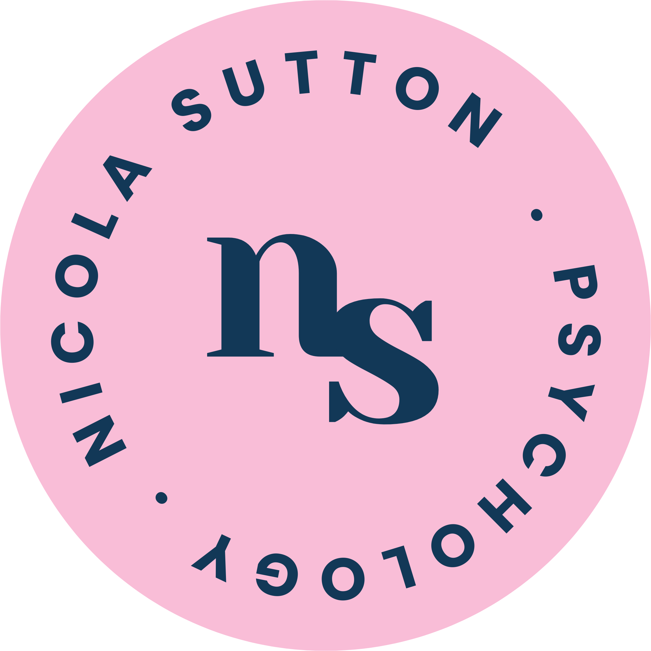 Sutton Psychology logo -- circular badge with NS monogram in pink and navy