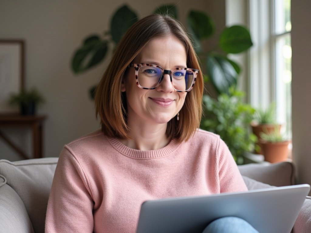 Dr Nicola Sutton, HCPC Registered Psychologist and founder of Sutton Psychology - a woman with shoulder-length brown hair and glasses, smiling warmly at a laptop