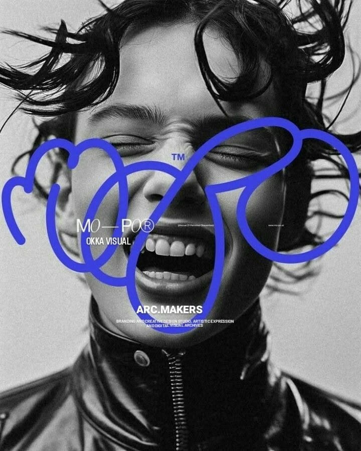 Close-up of a woman laughing with windblown hair, wearing a leather jacket, with vibrant blue graffiti overlay reading 'MO- POR' and other text.