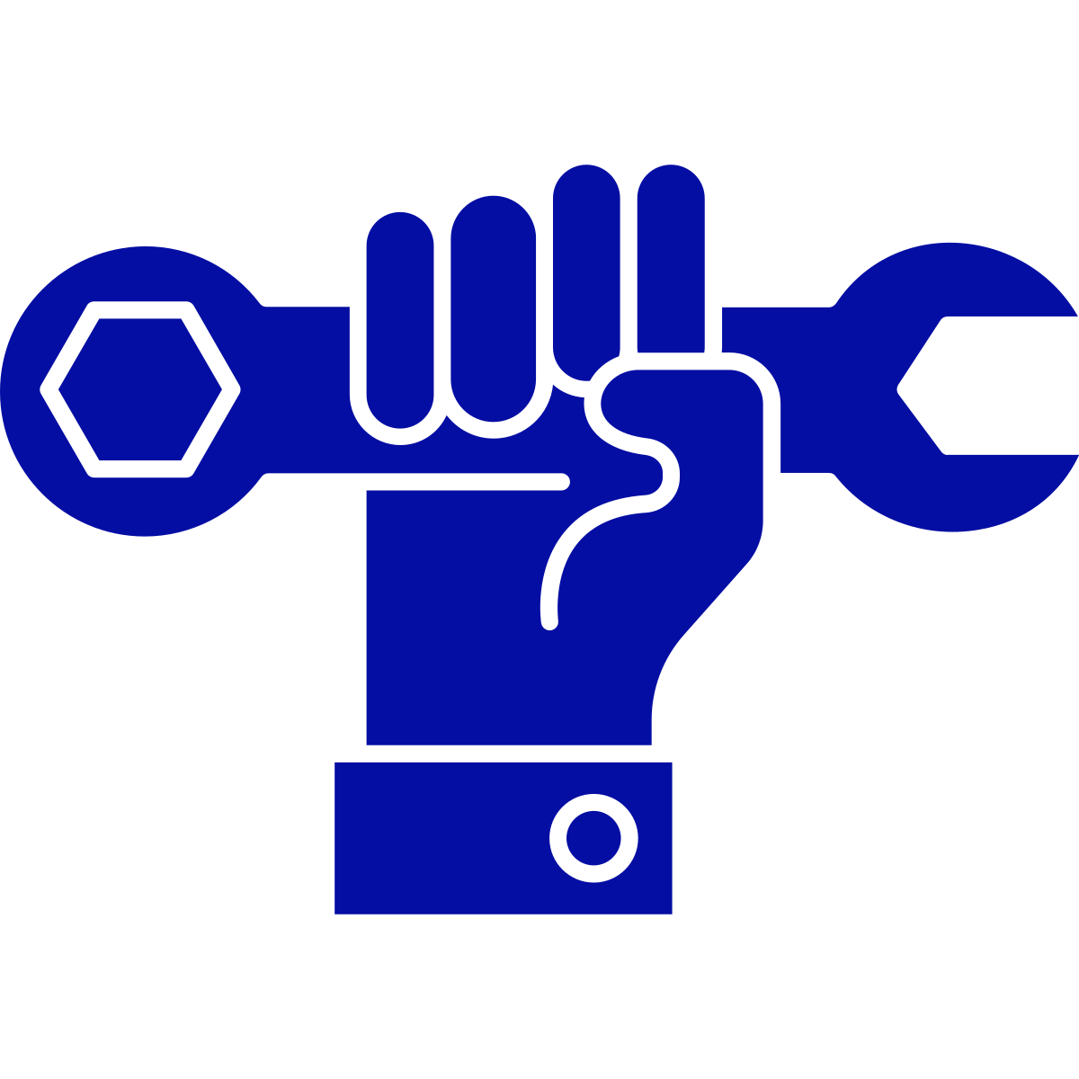 A blue digital illustration of a hand gripping a wrench, symbolizing labor or repair work.