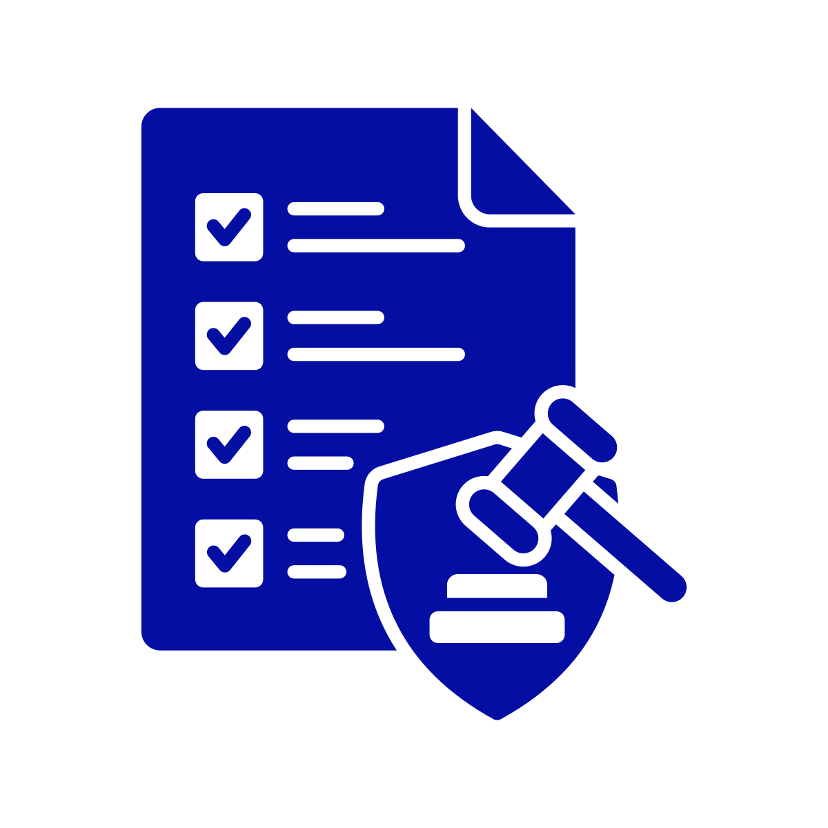 Icon of a checklist with marked items, a shield, and a gavel representing legal or compliance review.
