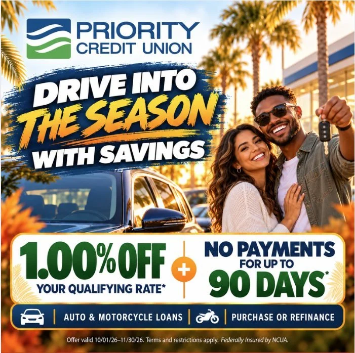 Drive into the season with savings! For a limited time, receive:
✅ 1.00% off your qualifying rate*
✅ No payments for up to 90 days*
✅ Available on auto and motorcycle loans
Purchase or refinance and head into the season with a little more room in you