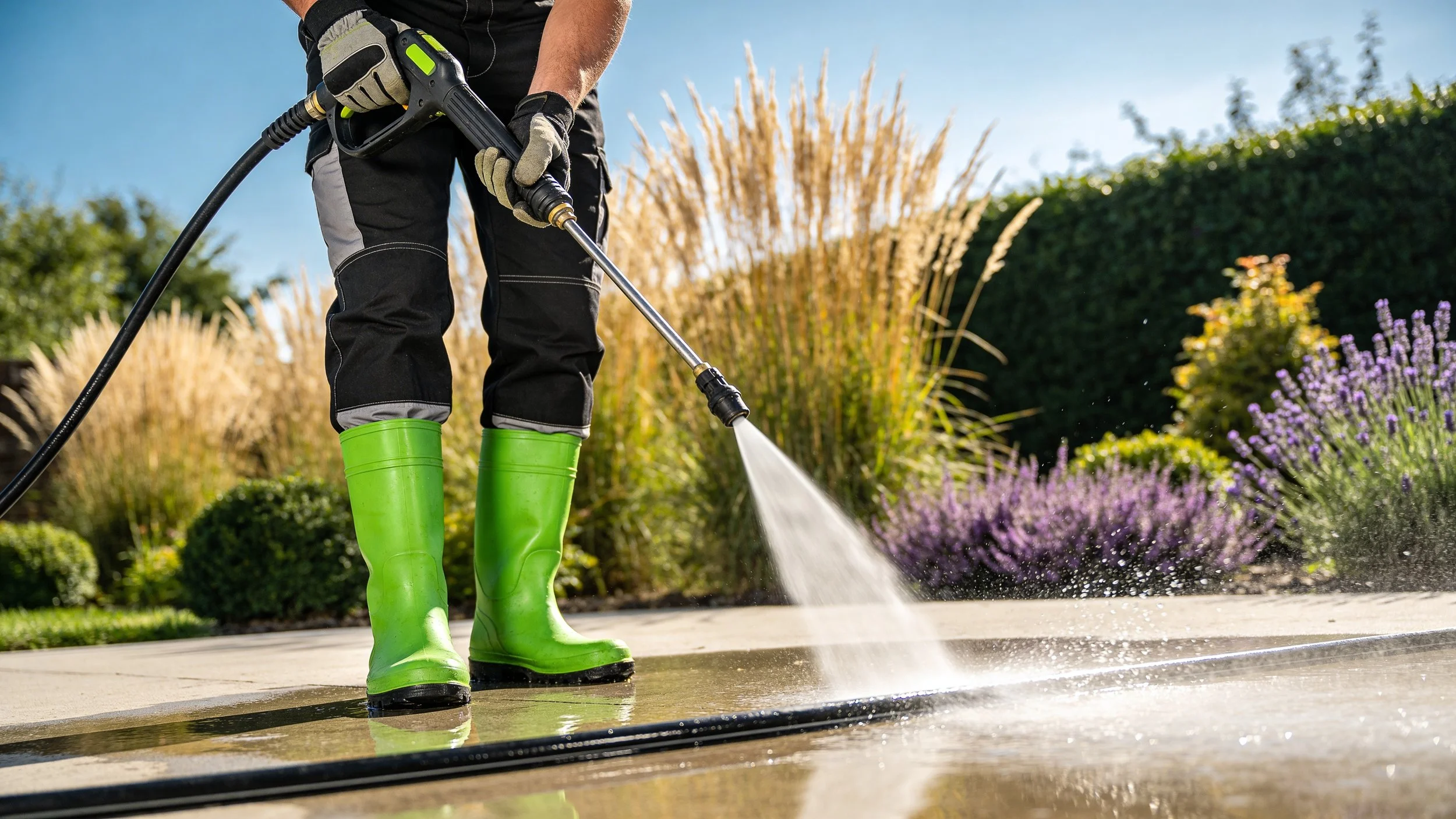A person wearing black clothing, gloves, and bright green rubber boots is pressure washing a concrete surface outdoors in a garden, with plants and flowers visible in the background.