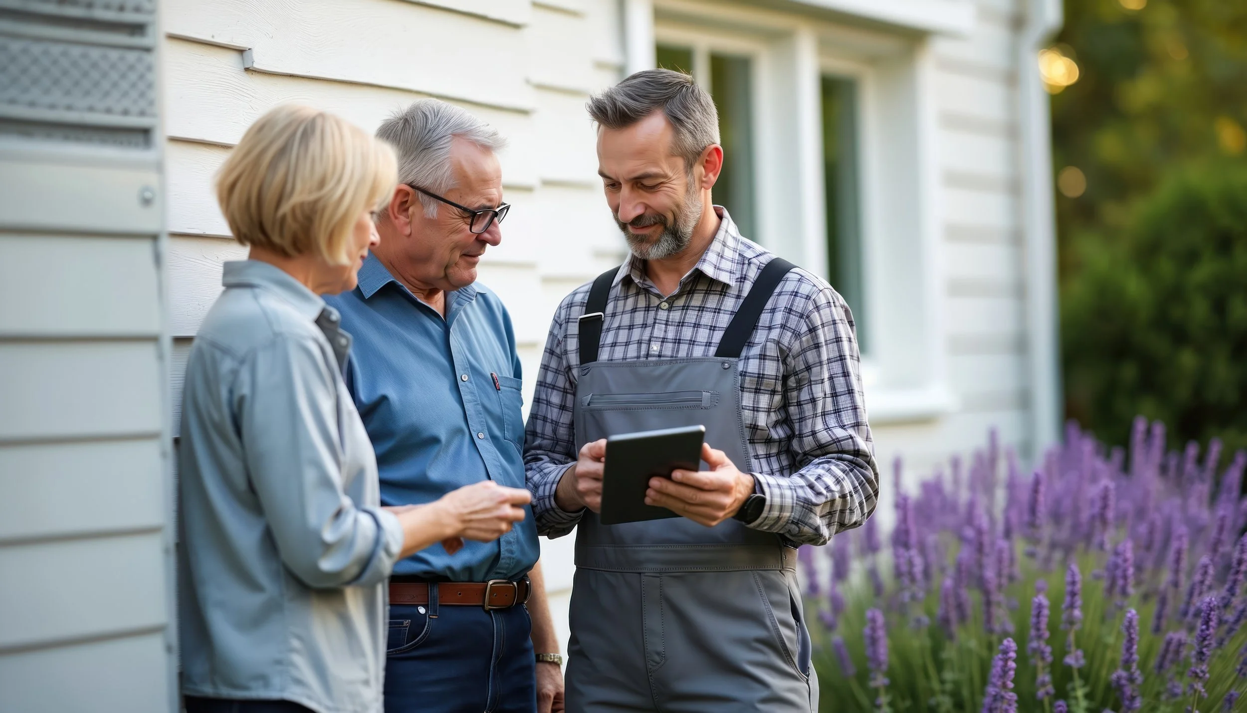 Three people, two men and one woman, are standing outside near a house, looking at a tablet device together. They are smiling and seem engaged in a discussion. There are purple flowers and trees in the background.