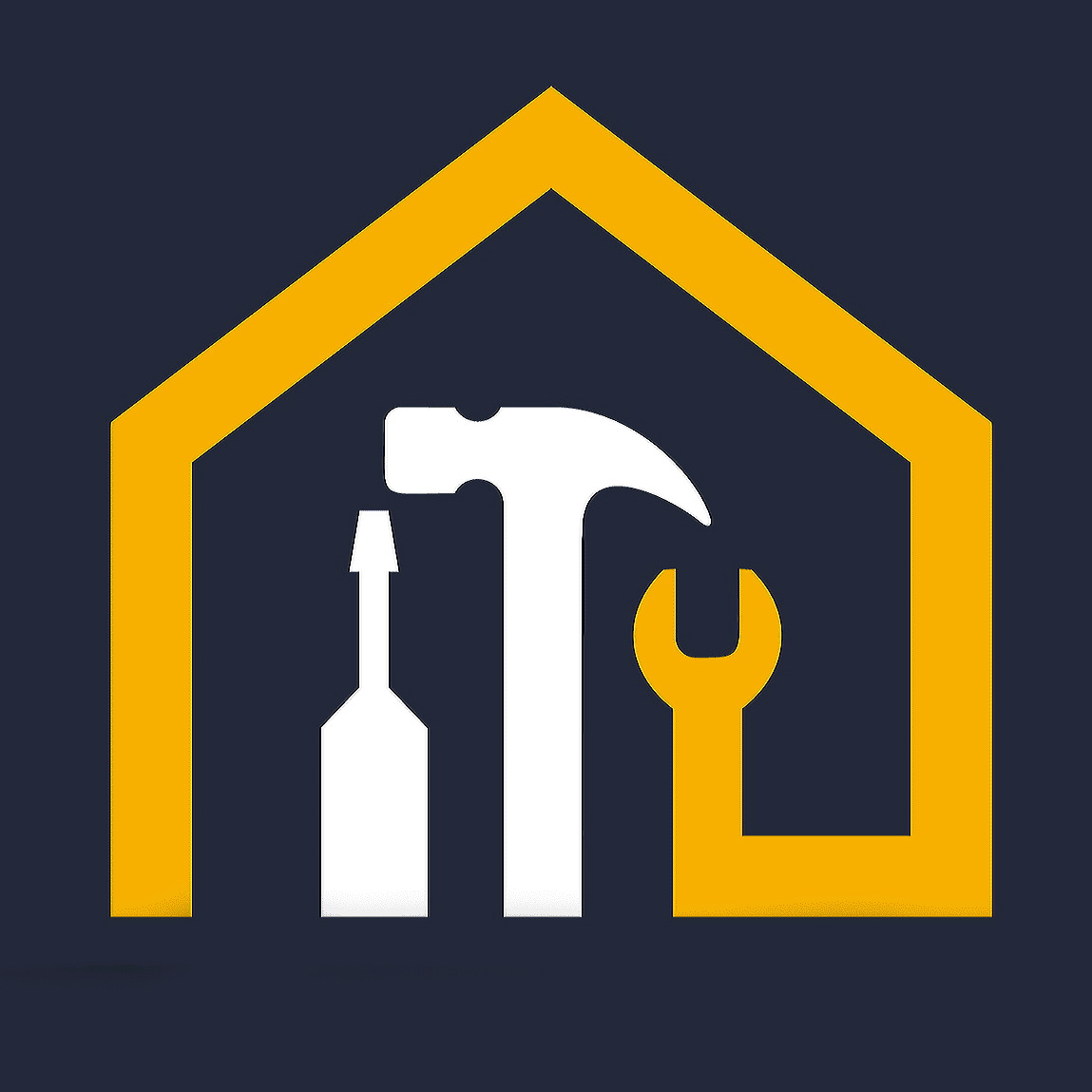 Garage or workshop icon with a house outline, hammer, screwdriver, and wrench inside.