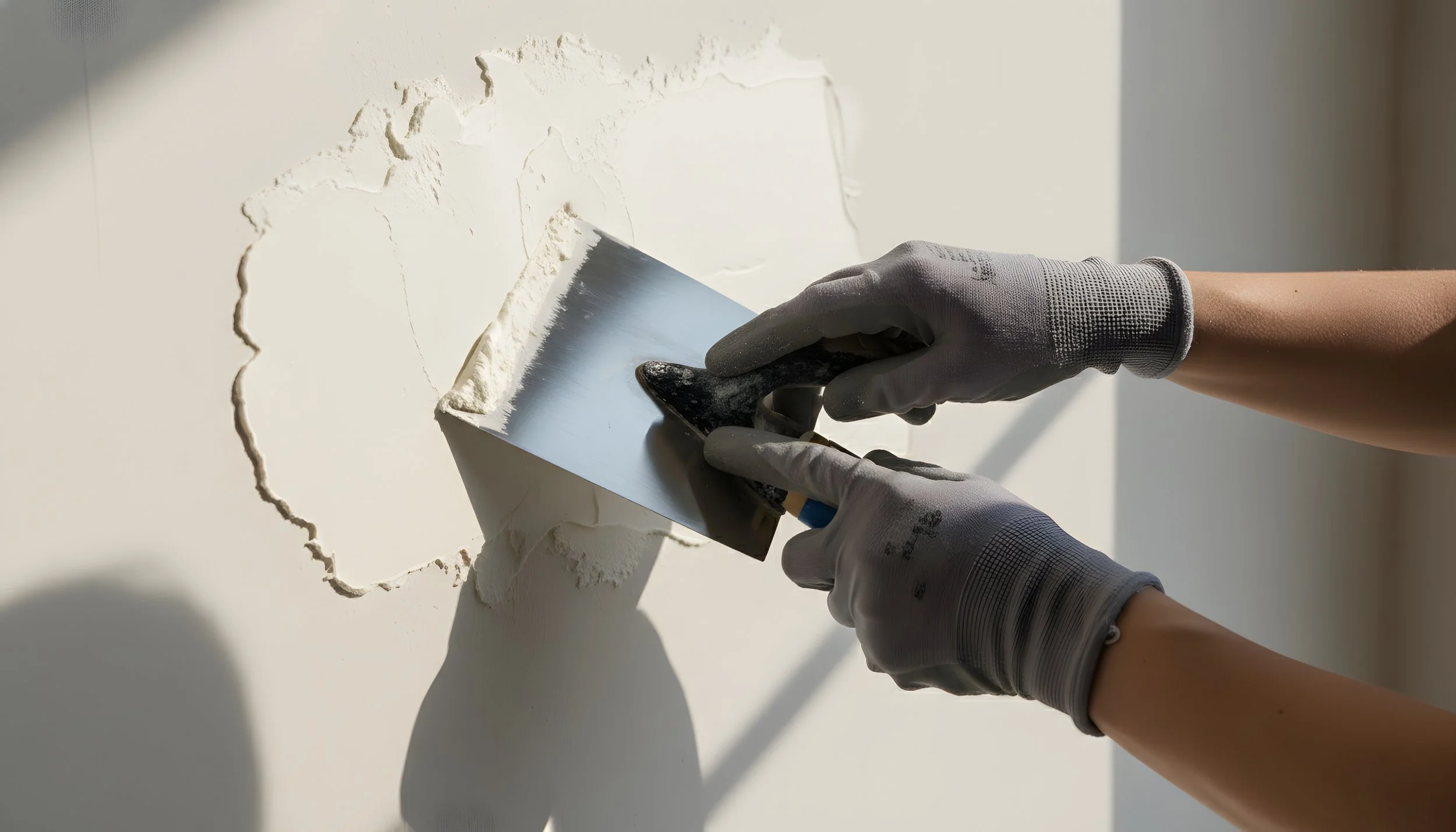 Person wearing gray gloves using a putty knife to smooth plaster or drywall compound on a wall