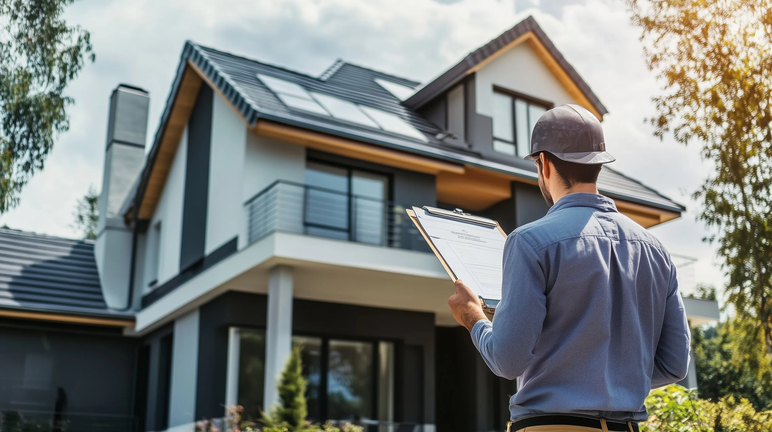 A man in a hard hat and blue shirt holding a clipboard, standing in front of a modern house with solar panels on the roof.