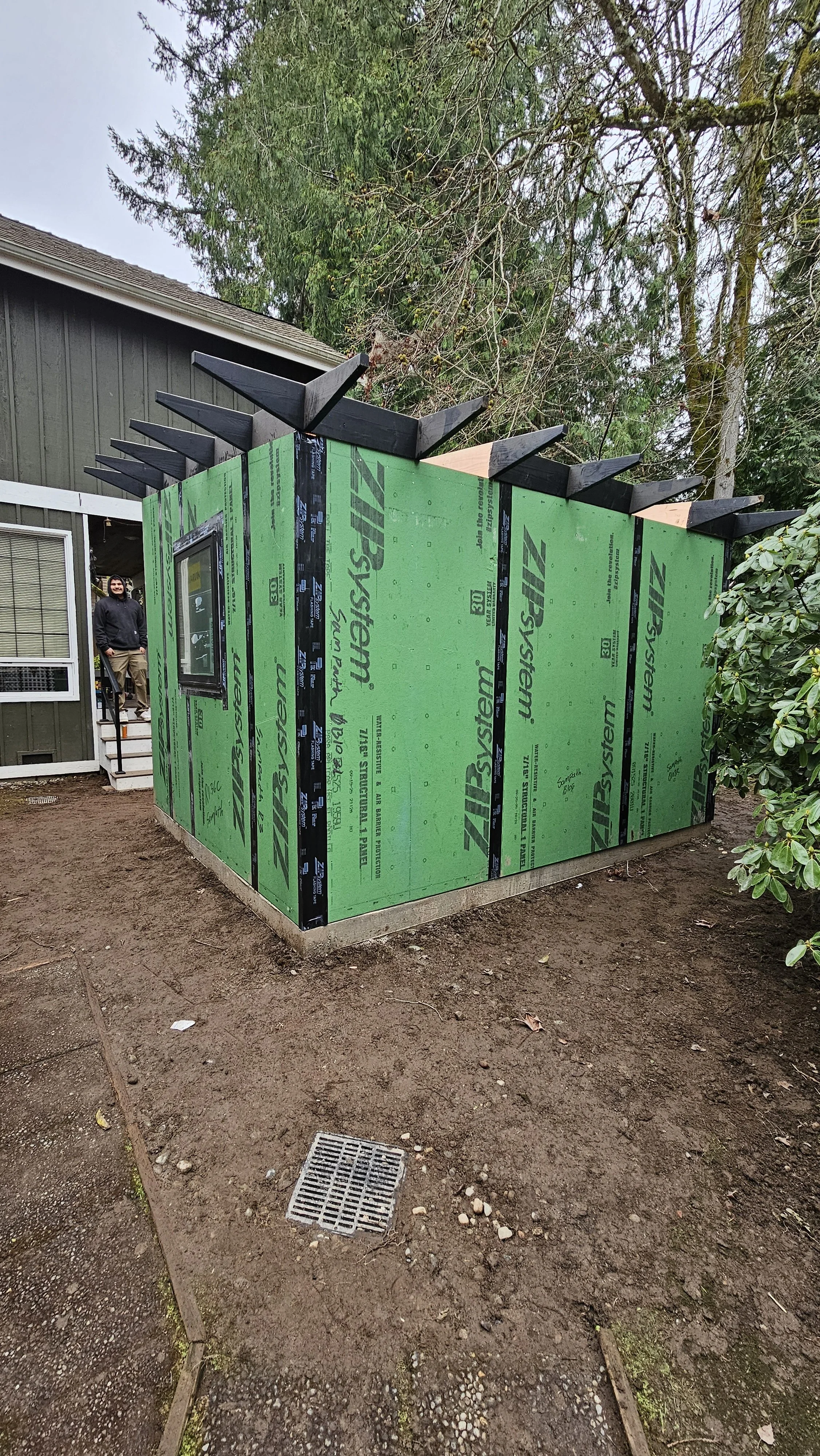 STUDIO SHED 4 structure erected without roof. Showing waterproofing