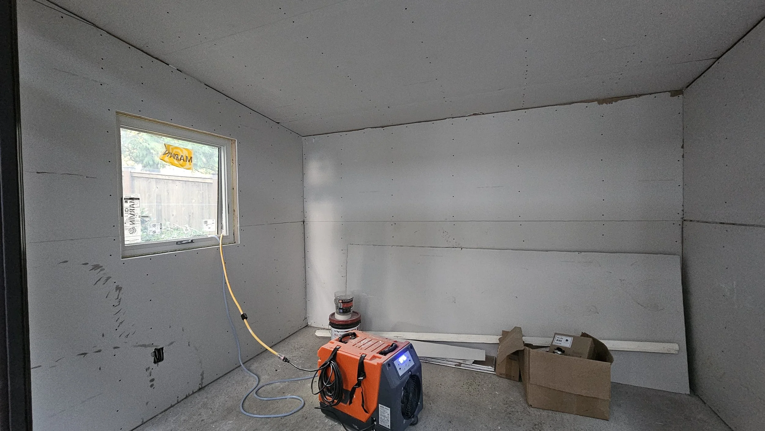 STUDIO SHED 4 drywall hung and dehumidifier working