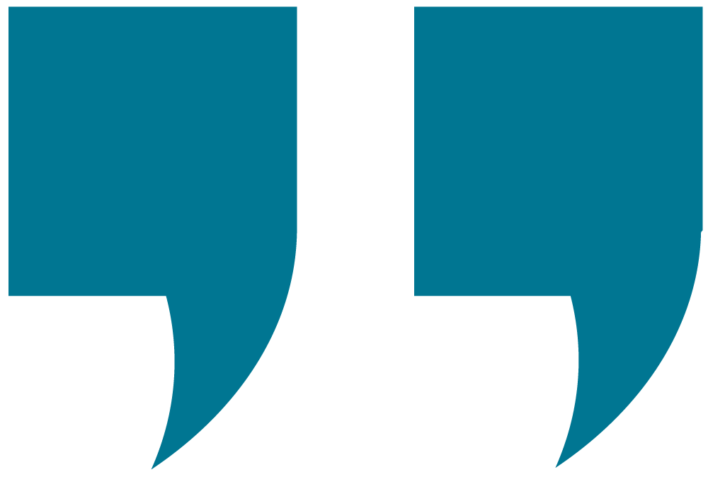 A large teal quotation mark symbol on a black background.