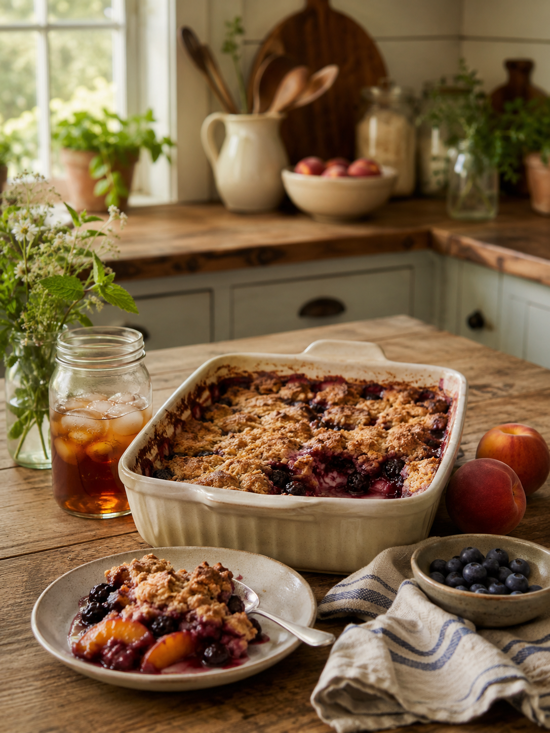 Freshly baked berry peach cobbler in a ceramic dish on a rustic kitchen counter with a plate, bowl of berries, and a jar of iced tea nearby.