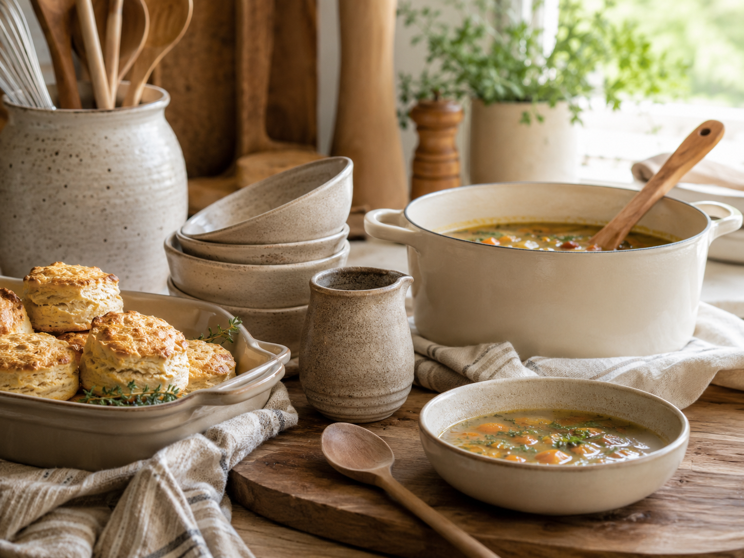 A rustic kitchen table set with bowls of soup, a plate of biscuits, and various ceramic utensils and containers, with a window and green plants in the background.