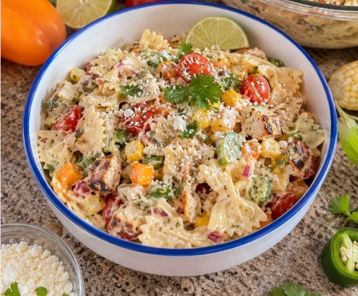 Creamy Chipotle Street Corn Pasta Salad with Fajita Chicken