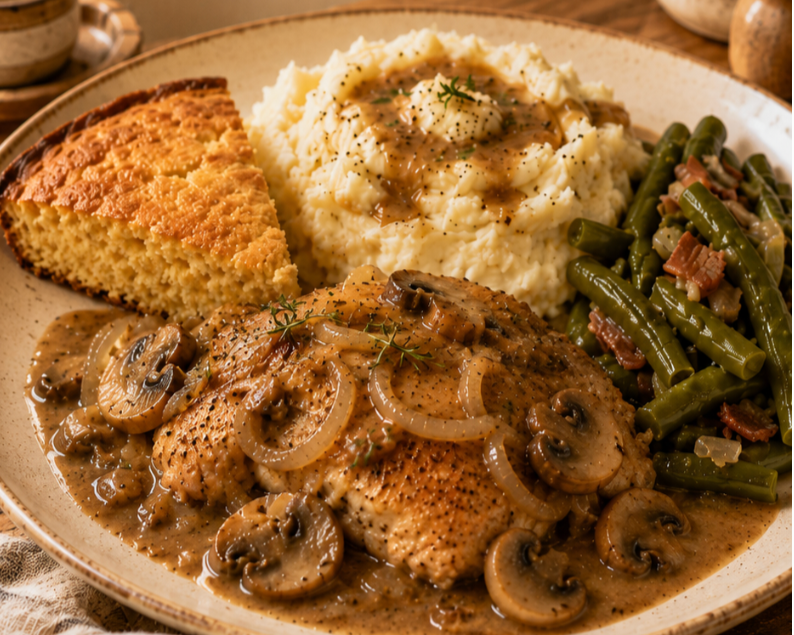 Southern Smothered Chicken with Mushroom Onion Gravy