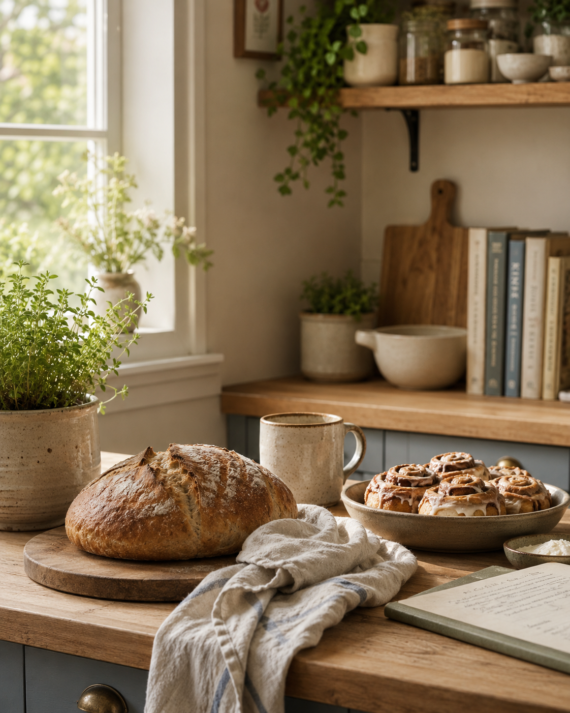 A cozy kitchen scene with a loaf of bread, cinnamon rolls, a mug, and a notebook on a wooden table, with potted herbs and plants near a window in natural light.