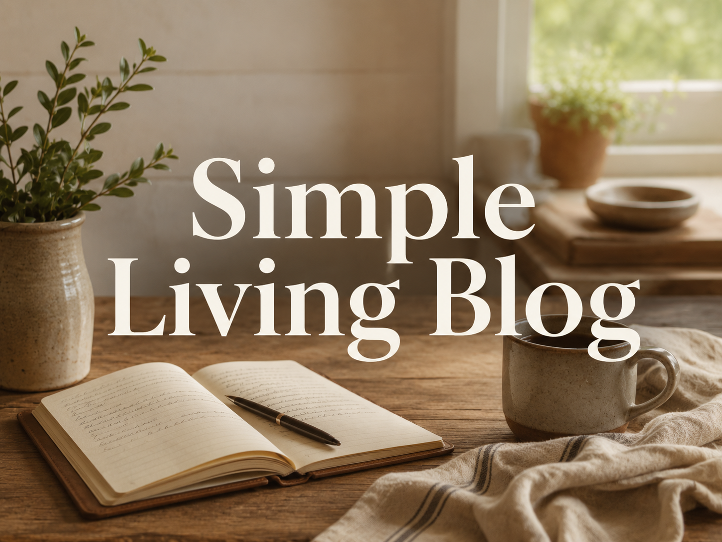 A rustic wooden table with an open journal, a black pen resting on it, a textured ceramic cup filled with a beverage, and green potted plants near a window. The overlay text reads 'Simple Living Blog'.