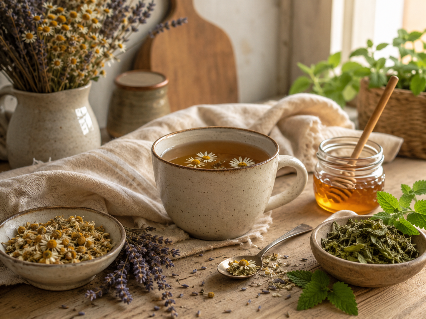 A cozy scene featuring a cup of chamomile tea with floating chamomile flowers, surrounded by dried chamomile flowers, fresh mint, and a jar of honey with a dipper. In the background are lavender flowers in a cream pitcher and a small jar, all arranged on a wooden table with a beige cloth.