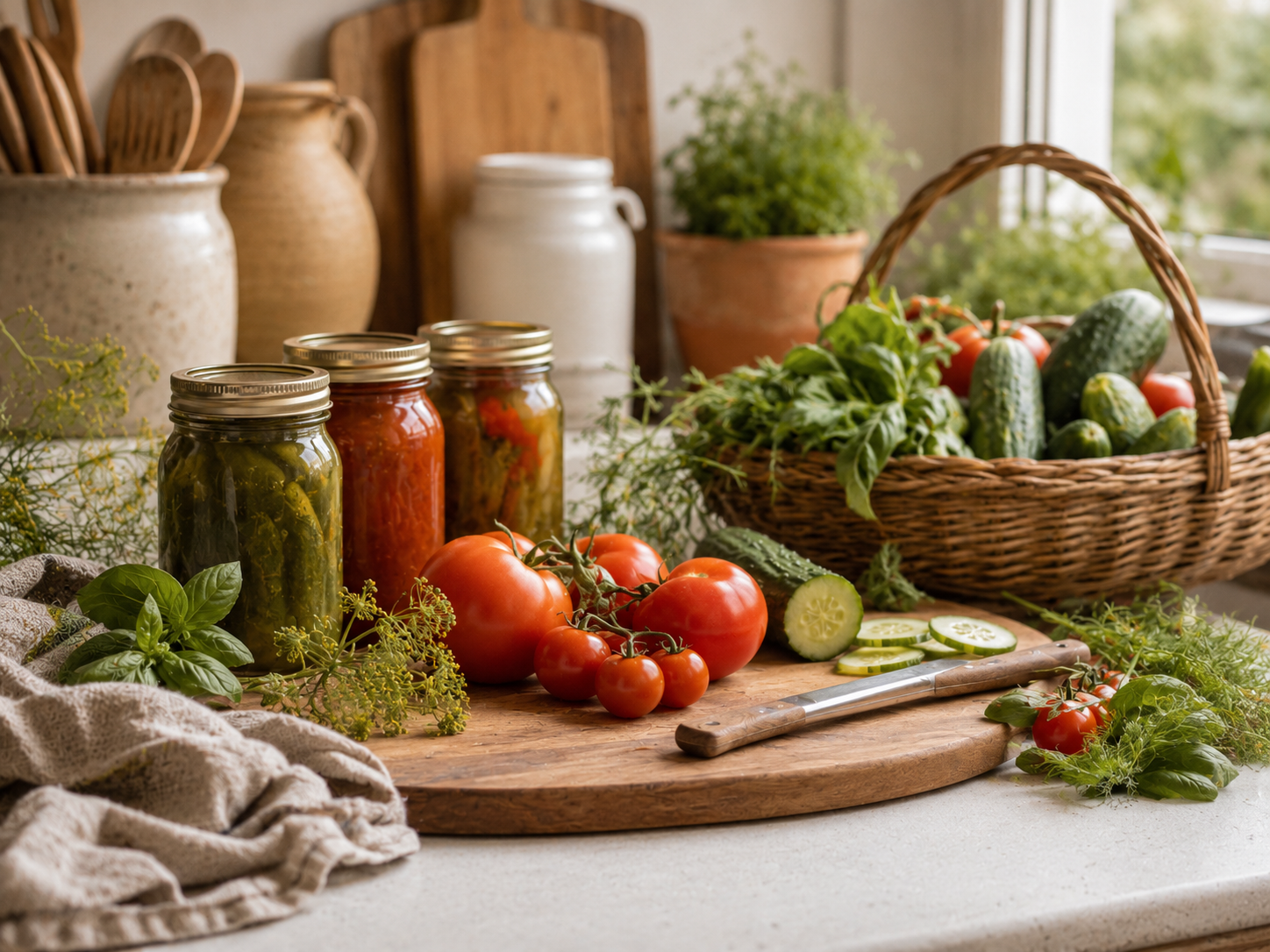 A rustic kitchen countertop with fresh vegetables, including tomatoes and cucumbers, a cutting board with sliced cucumber, and jars of preserved vegetables. A basket of cucumbers, tomatoes, and herbs is in the background, along with potted plants and wooden cutting boards near a window.