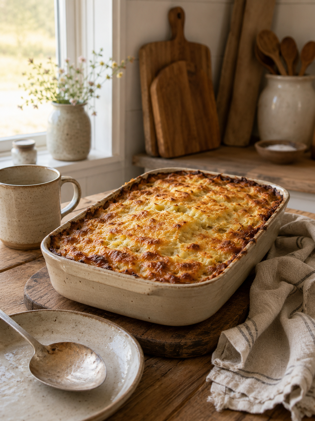 Baked casserole in a ceramic dish on a rustic wooden table with a spoon and empty plate, set in a cozy kitchen with wooden cutting boards, a mug, a vase of flowers, and kitchen utensils in the background.