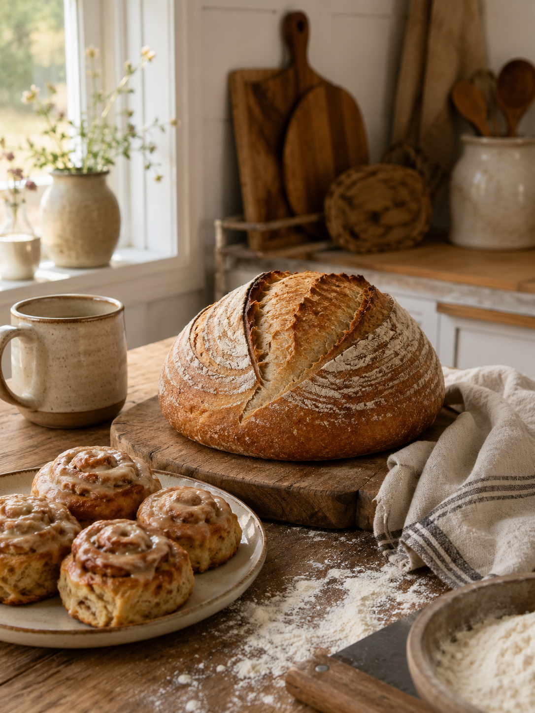 Freshly baked round loaf of bread and cinnamon rolls on a table in a rustic kitchen.