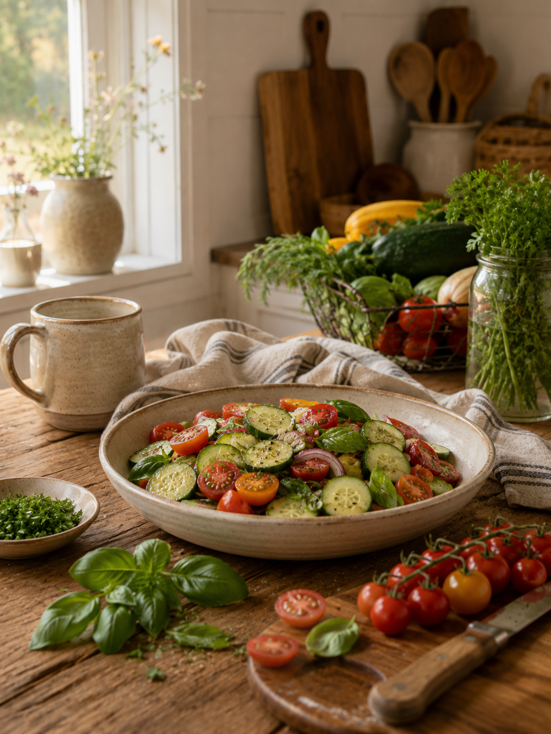 A rustic kitchen table with a fresh tomato and cucumber salad, cherry tomatoes, basil, and chopped herbs, surrounded by kitchen utensils, potted herbs, and a basket of vegetables near a window.