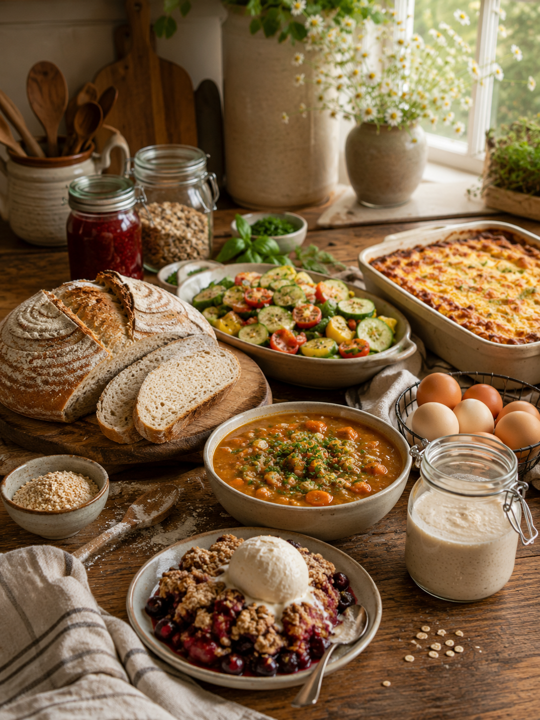 A rustic kitchen table set with bread, a vegetable salad, a casserole, eggs, a bowl of soup, a dessert with ice cream and berries, and various jars and bowls of ingredients, with sunlight coming through a window and potted plants in the background.