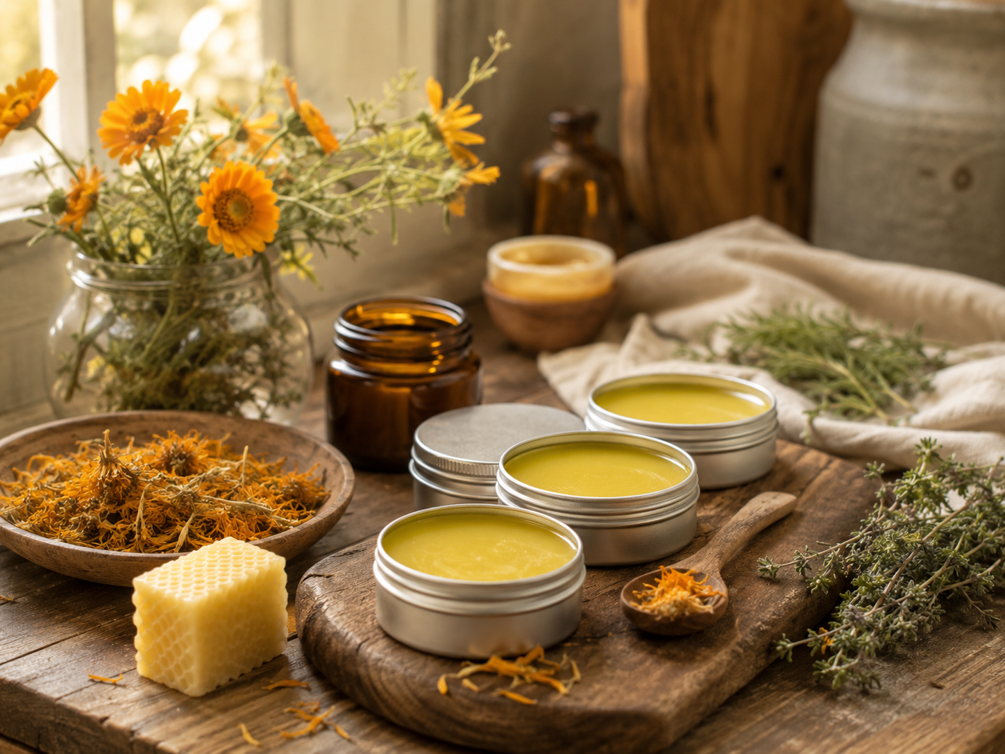 A rustic wooden table displaying herbal products including four round tins of yellow balm, a block of honeycomb, dried flowers in a bowl, an amber glass jar, and fresh herbs, with a vase of yellow flowers and additional herbs in the background.