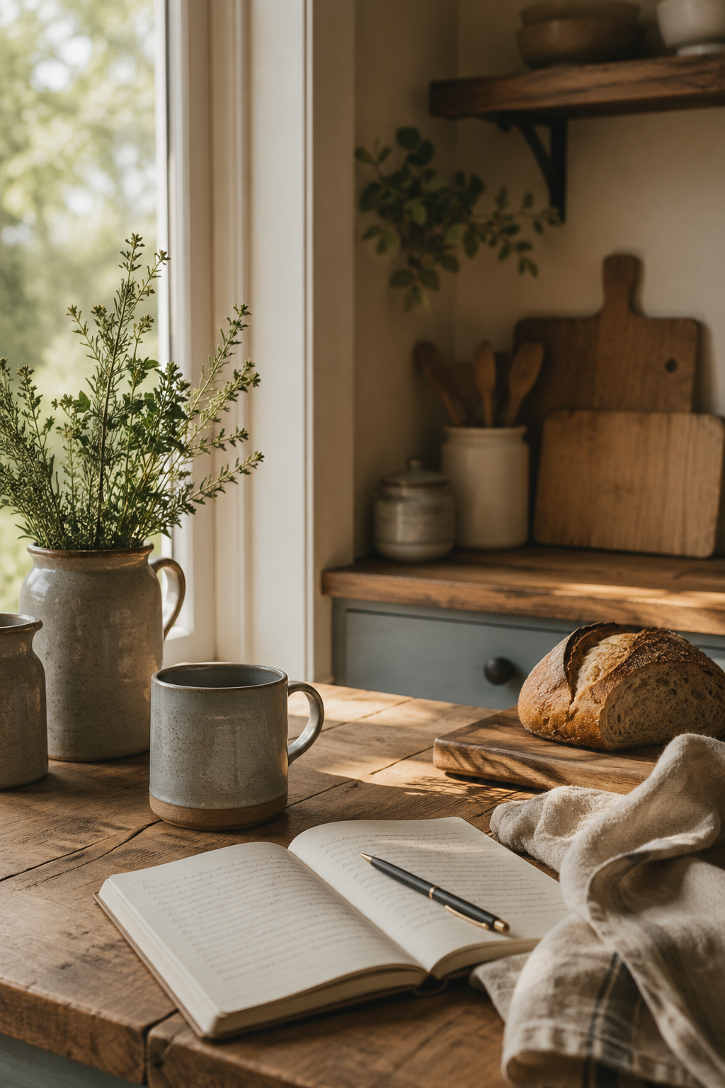 A rustic kitchen table with a loaf of bread, an open notebook with a pen, a ceramic mug, and a small plant in a vase, illuminated by natural sunlight coming through a nearby window.