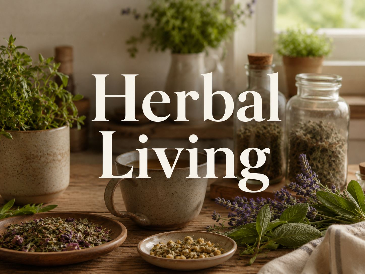 Table with potted herbs, dried herbs in glass jars, and herbal plants, with the text "Herbal Living" overlaid.