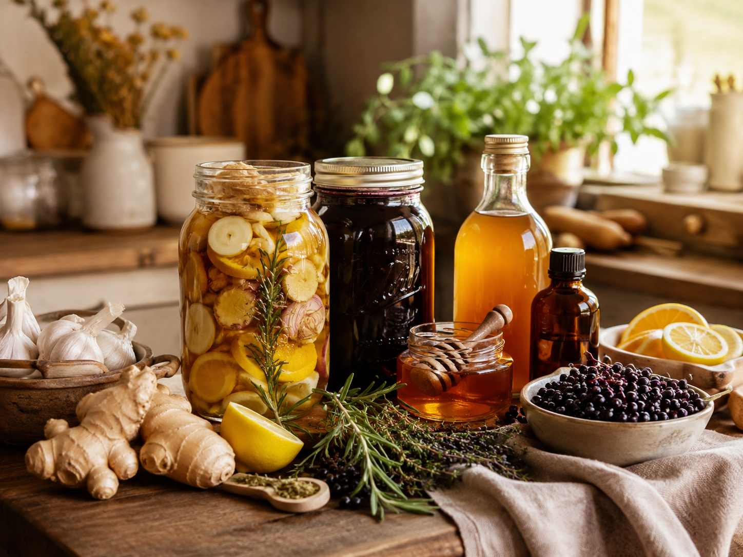 A rustic kitchen counter with jars of homemade infused liquids, fresh garlic, ginger, lemon slices, and blackcurrants, surrounded by herbs and honey, in warm natural lighting.