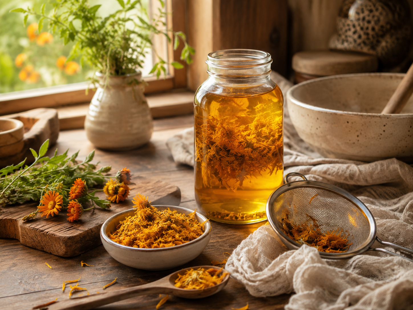 A jar of calendula infusion on a wooden table surrounded by dried calendula flowers, fresh flowers, a bowl of dried calendula petals, a sieve, and kitchen bowls, with a window and a plant in the background.