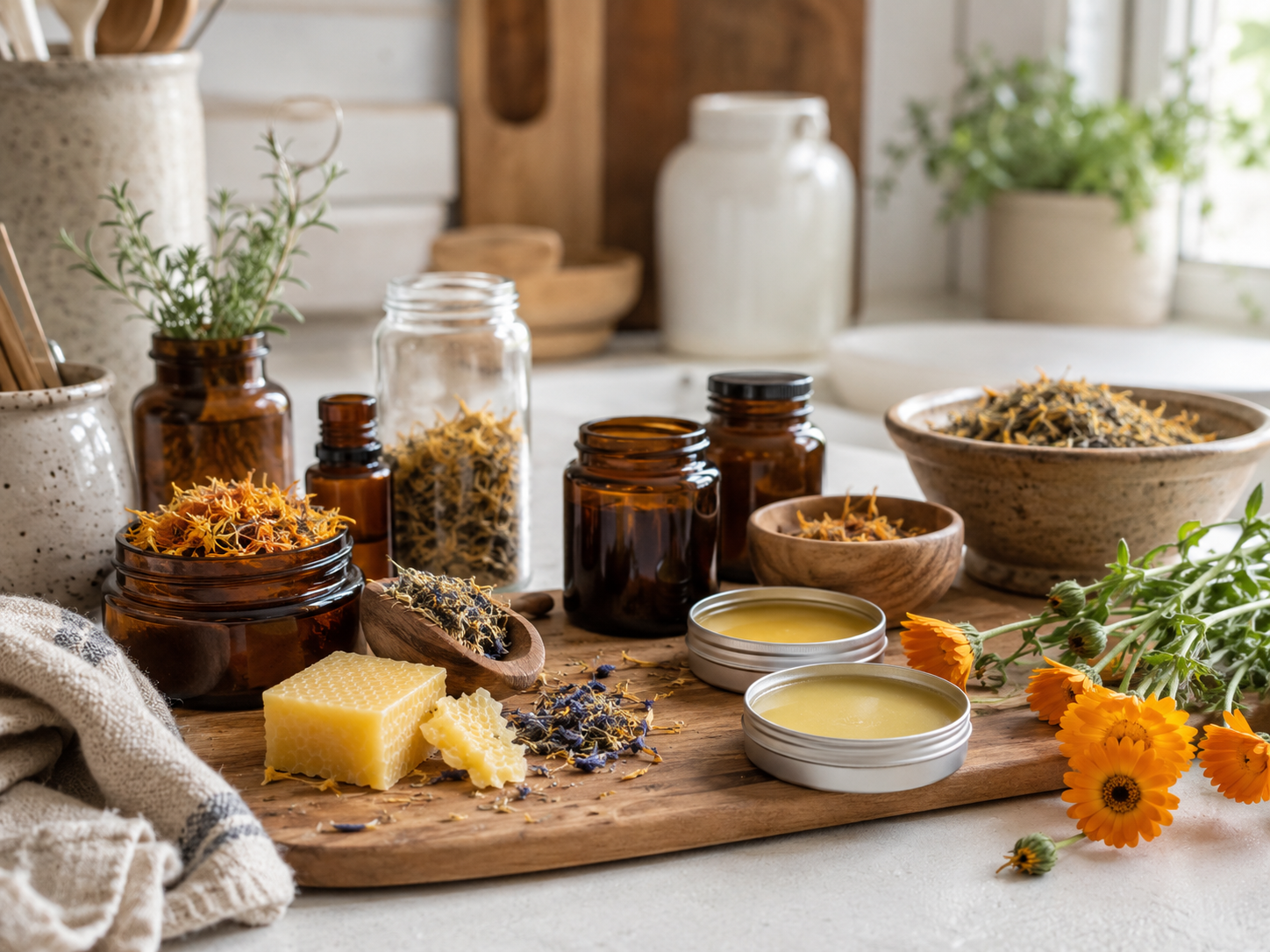 A collection of herbal and aromatic products on a wooden tray, including beeswax, dried flowers, and small jars with natural remedies, surrounded by potted plants in a bright, cozy kitchen setting.