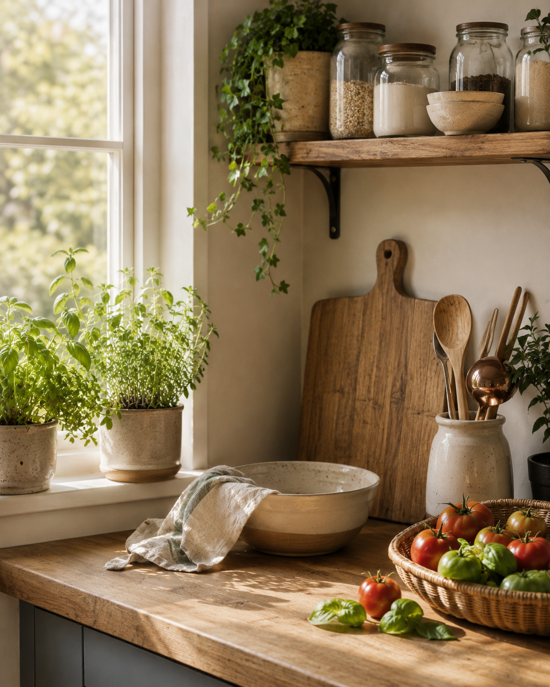 Kitchen countertop with fresh tomatoes, potted herbs, cutting board, bowls, and utensils, illuminated by natural sunlight.