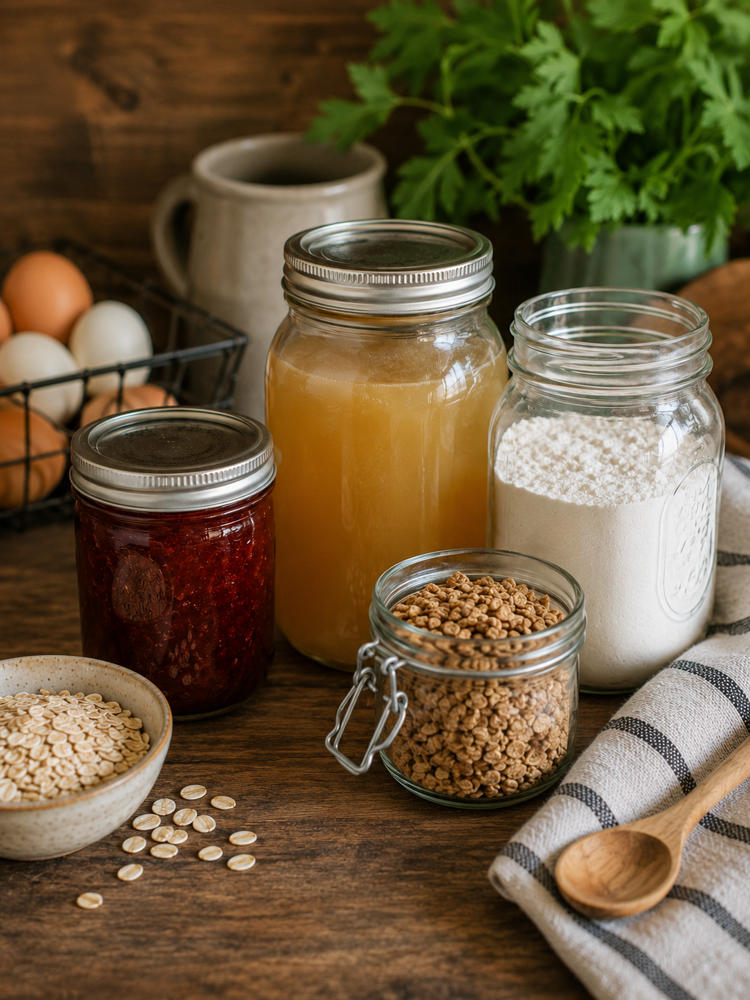 Jars of honey, flour, and grains on a wooden table with a bowl of oatmeal, a striped cloth, and a wooden spoon, with eggs in a wire basket and a green plant in the background.