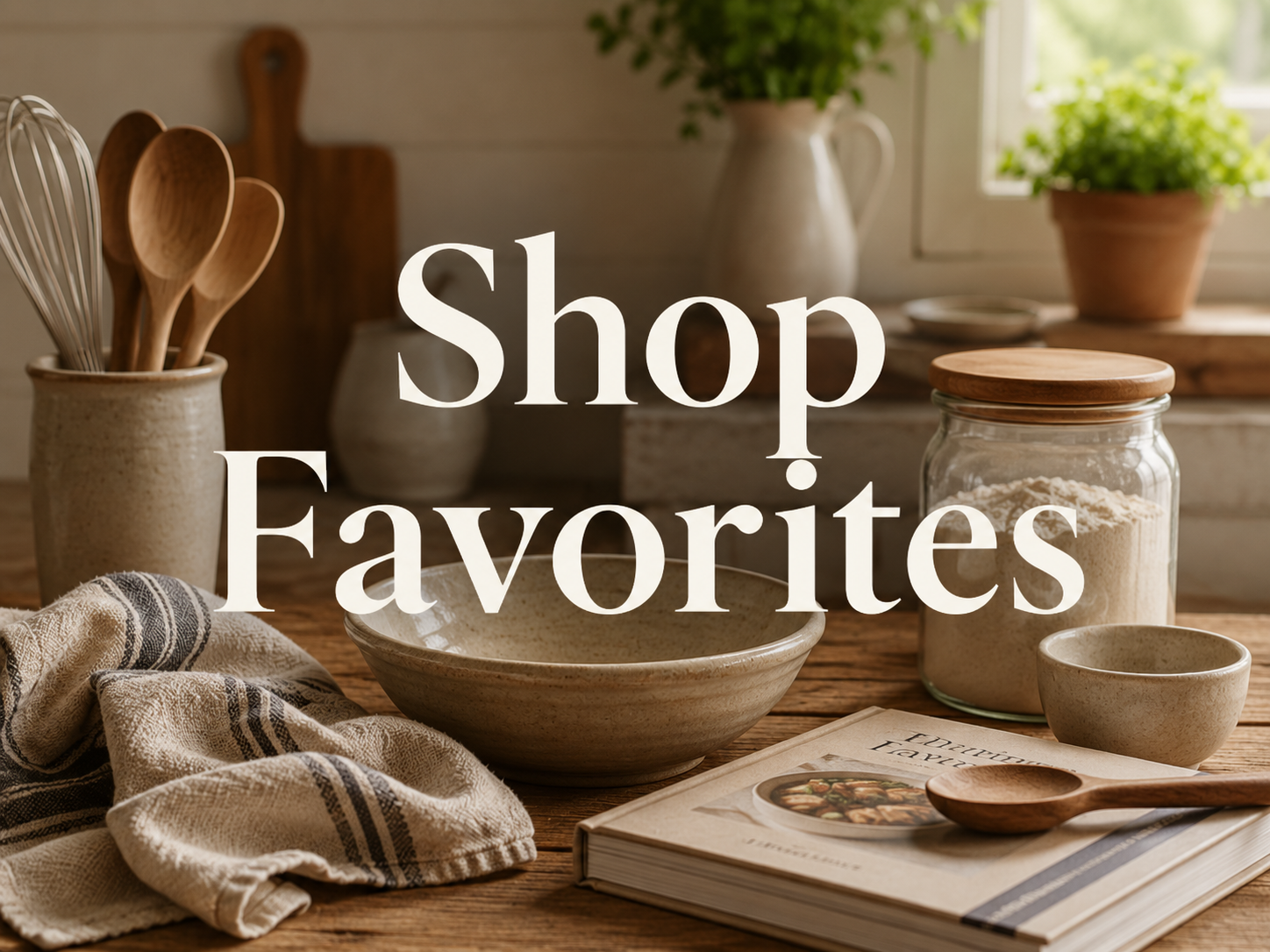 Kitchen scene with wooden utensils in a beige jar, bowls, a jar of flour, a cookbook, and potted plants on a wooden countertop.