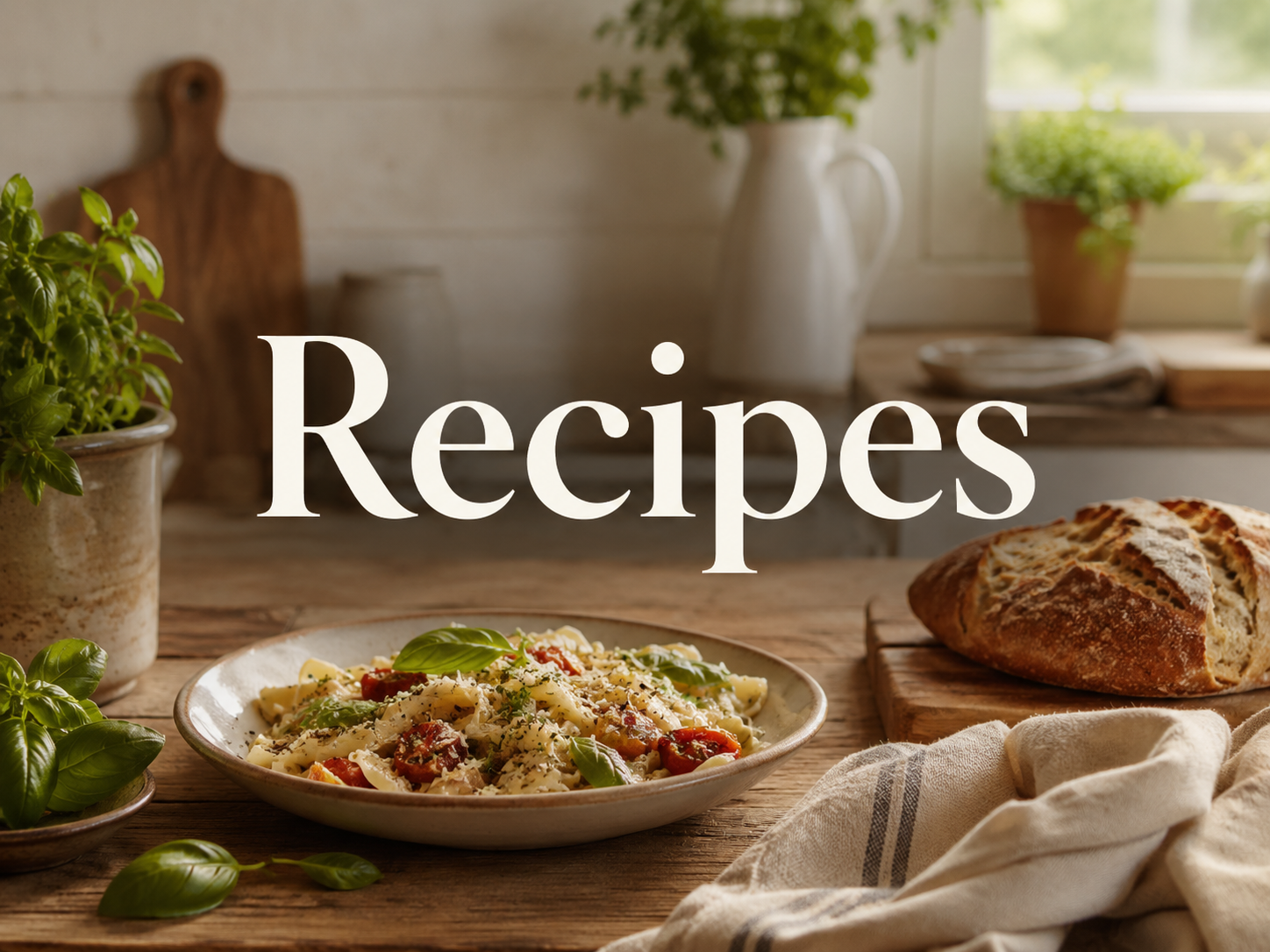 A rustic kitchen scene featuring a plate of pasta with basil and cherry tomatoes, a loaf of crusty bread on a wooden board, and fresh herbs and potted plants on a wooden table, with the word 'Recipes' overlayed in large text.