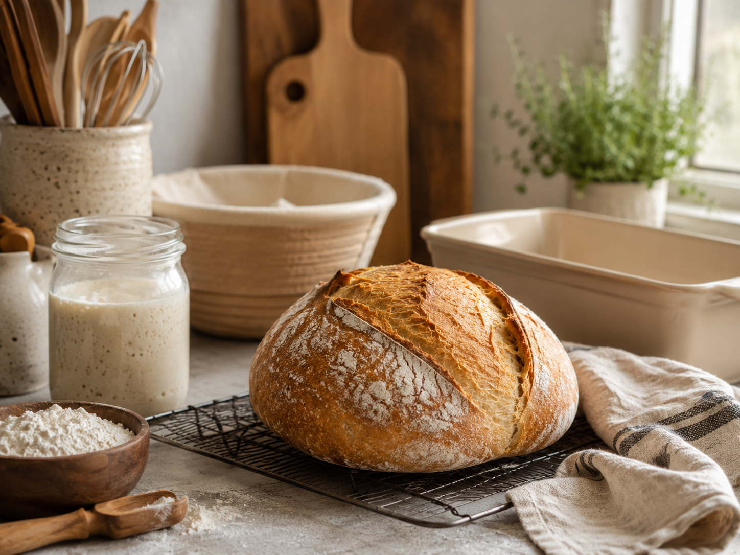 Freshly baked loaf of bread cooling on a wire rack in a cozy kitchen. Surrounding items include flour in a wooden bowl, a jar of milk, a cloth, and various kitchen utensils and containers. Natural light streams in through a window, with a potted plant in the background.