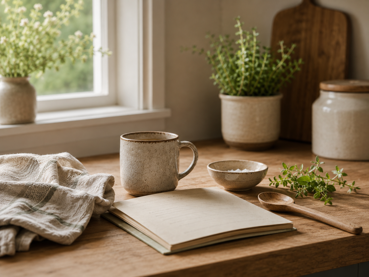 A cozy kitchen desk setup with a ceramic mug, a small bowl, a closed notebook, a wooden spoon, a green plant, and various ceramic containers on a wooden surface near a window with natural light.