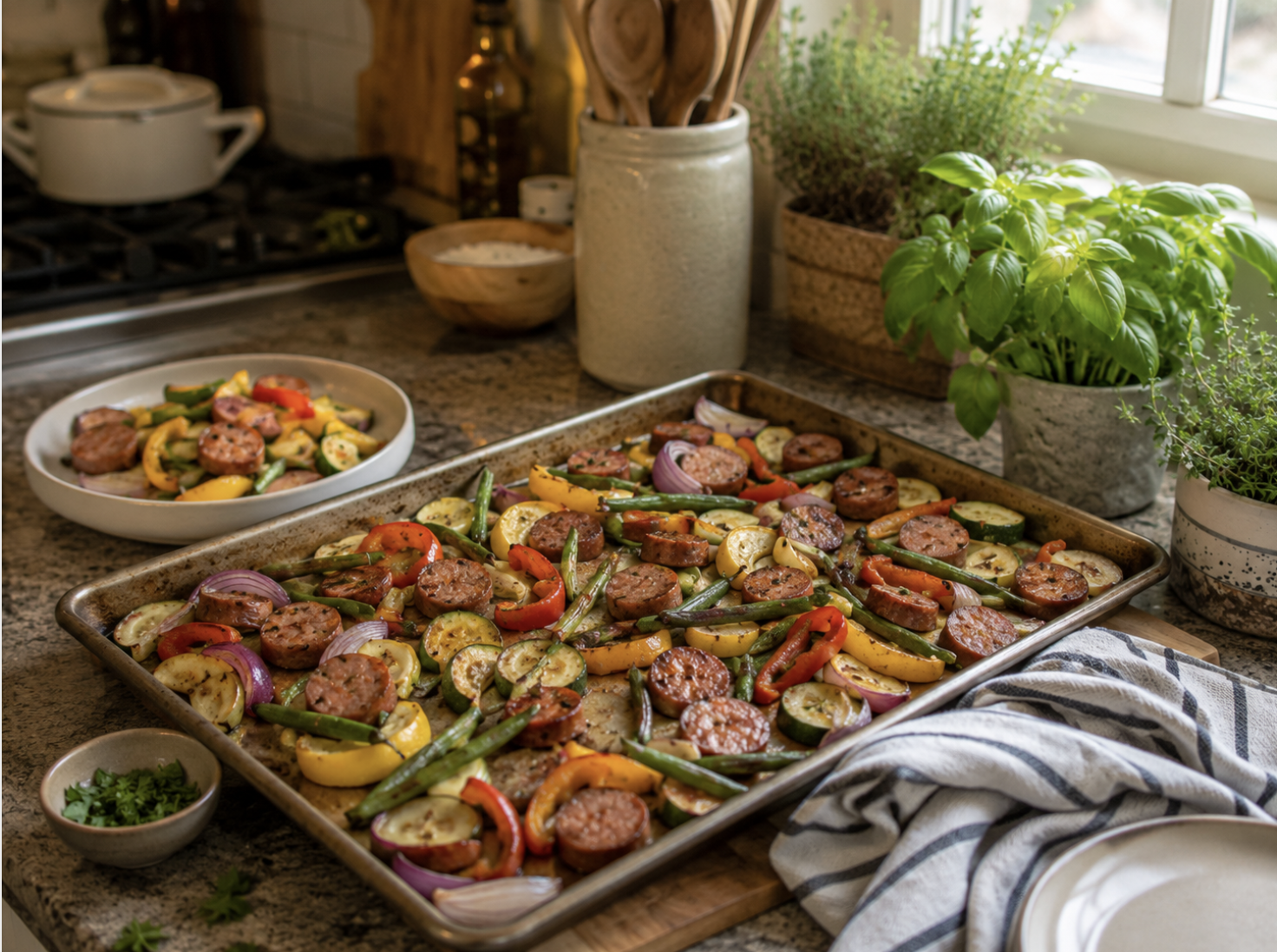A kitchen countertop with a tray of roasted sausages and colorful vegetables, including zucchini, bell peppers, green beans, and red onions, with a plate of the same dish in the background. There are potted herbs and kitchen utensils near a window.