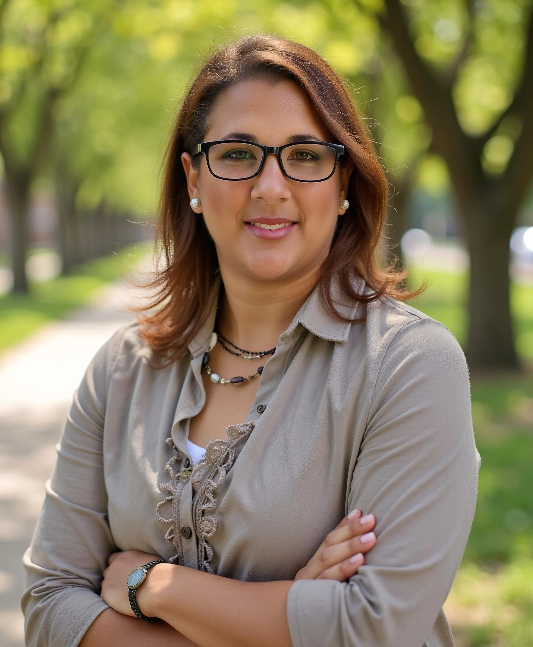 A woman with reddish-brown hair and glasses standing outdoors in a park, smiling with arms crossed, wearing a beige button-up shirt and accessories, with green trees and sunlight in the background.