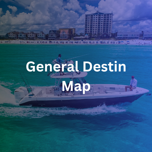 A boat with two people sailing on turquoise water near a shoreline with buildings under a cloudy sky, overlaid with the text 'General Destin Map.'