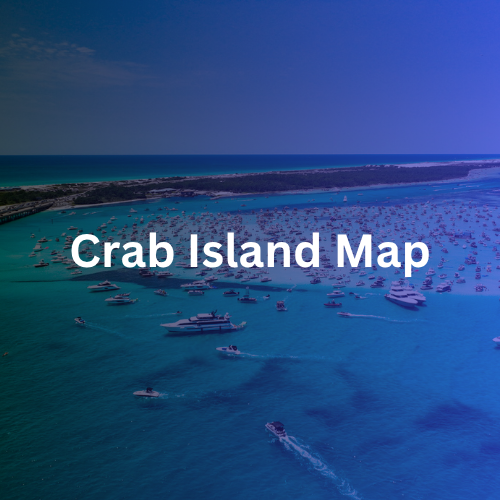 Aerial view of Crab Island with boats anchored in the water and a beach in the background.