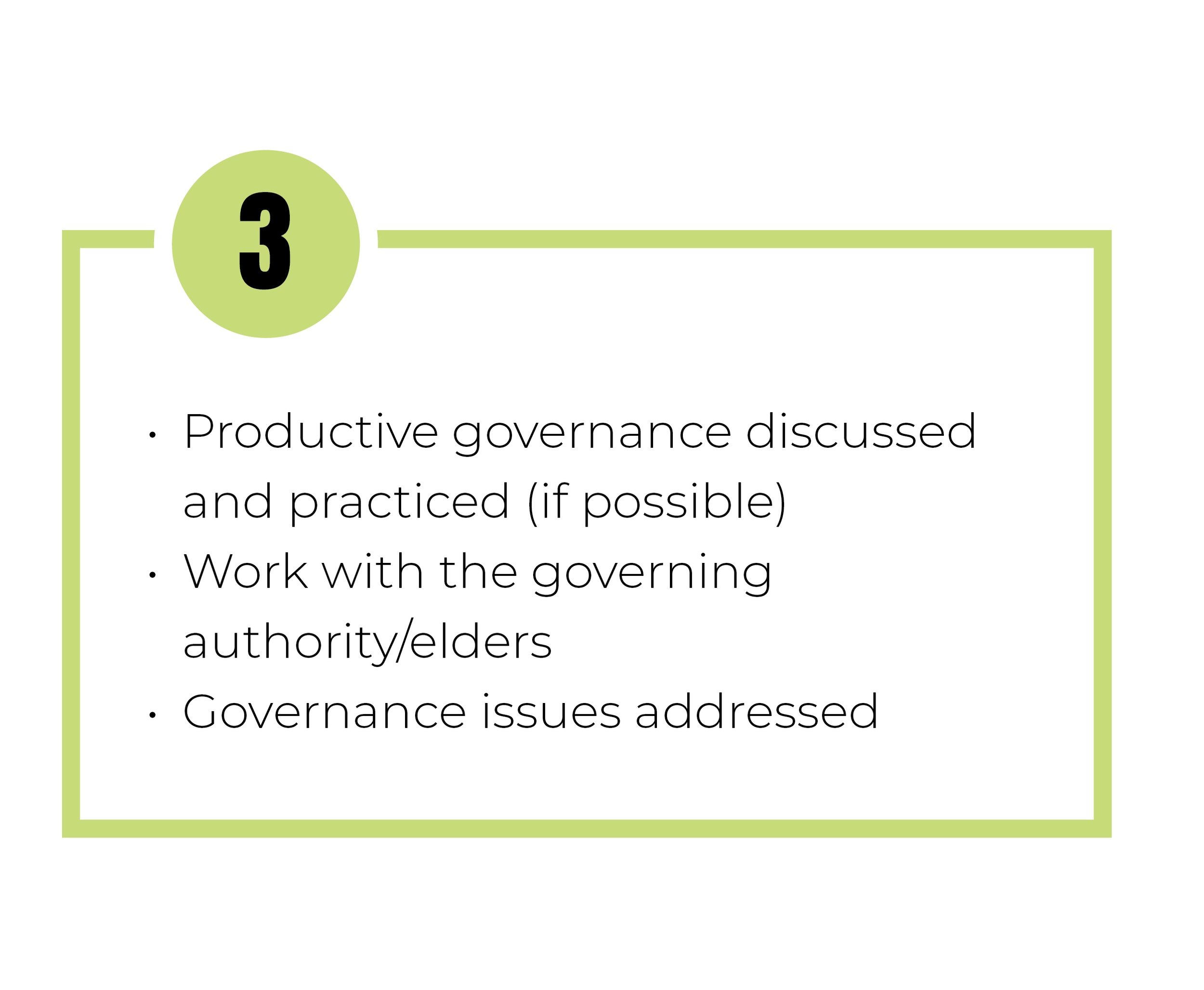 A slide listing governance discussion points: 1. Productive governance discussed and practiced if possible, 2. Work with the governing authority or elders, 3. Governance issues addressed.