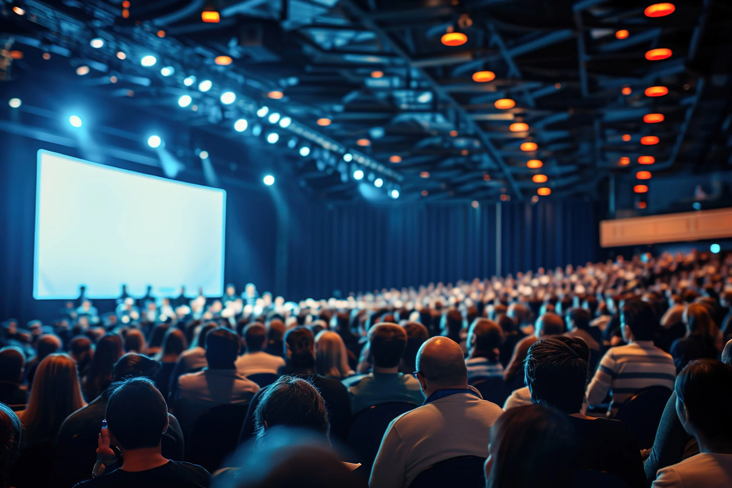 A large audience seated in a conference hall facing a stage with a big screen, illuminated by blue and orange lights.