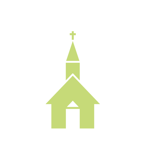 Green church icon with a cross on top, seen on a black background.