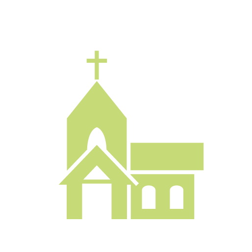 minimalist illustration of a church with a cross on top, a steeple, and windows.