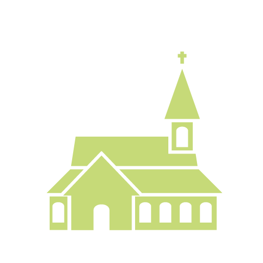 Line drawing of a church with a tall steeple topped with a cross, and a large entrance door, depicted in light green on a black background.