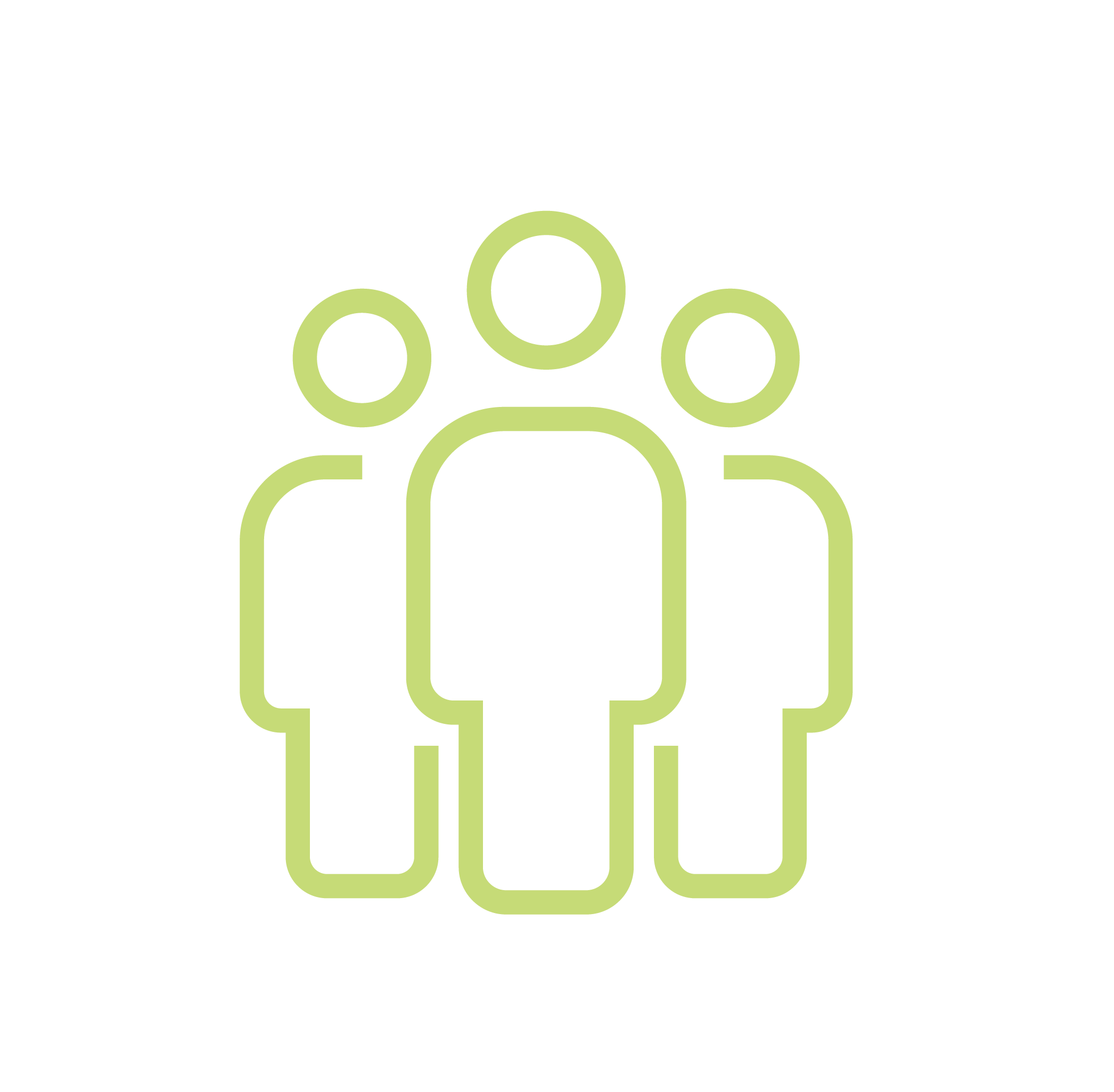 Outline icon of three people grouped together, with one larger figure in front and two smaller figures behind, depicted in lime green on black background.