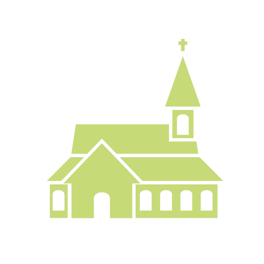 A minimalist, light green outline of a church with a steeple topped by a cross.